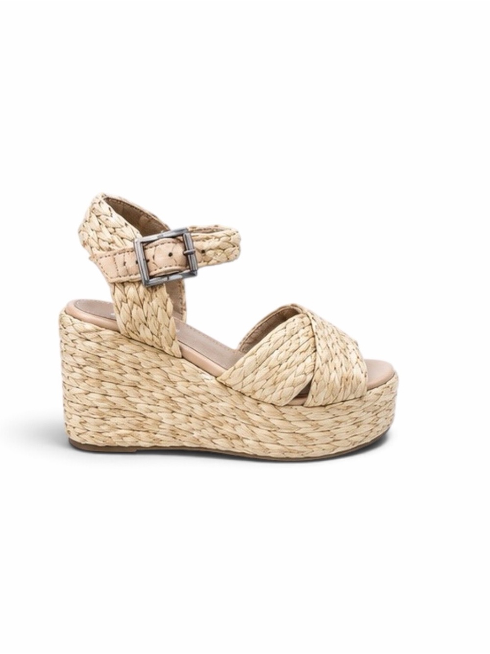 RAID Ivory Raffia Woven Platform Wedge Sandals Ankle Strap
